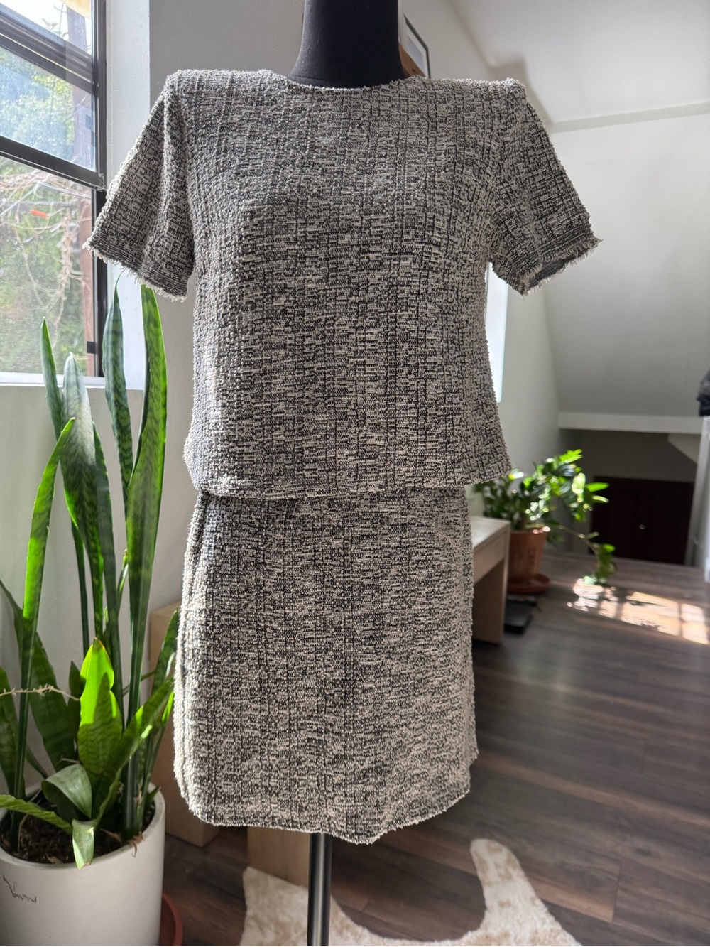 Textured Gray Tweed Mini Skort Set - Classic Two-Piece